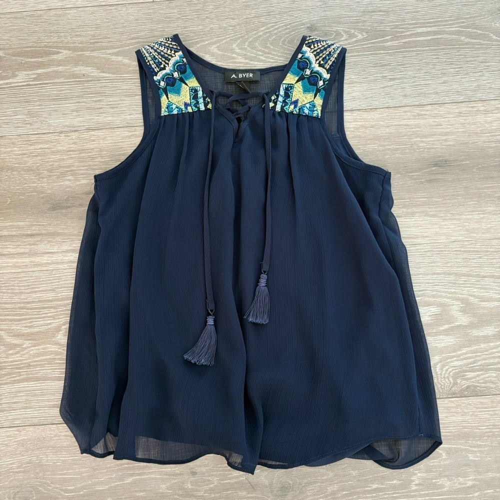 A. Byer‎ Womens Navy Blue Tasseled Embroidered Sleeveless Blouse Top Size Small